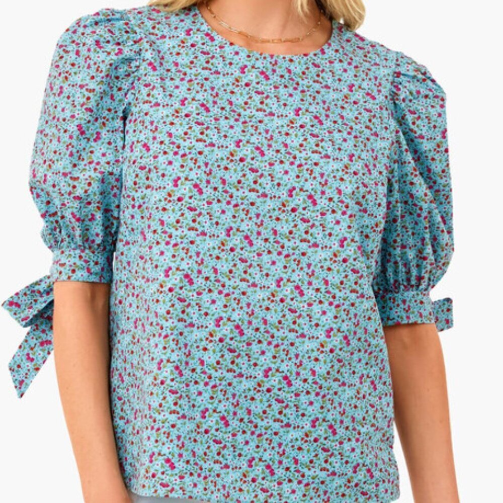 Tuckernuck Aqua Floral Puff-Sleeve Blouse with Pink and Green Accents